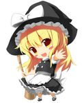  :d blonde_hair bloomers blush_stickers bow broom chibi hat hat_bow kirisame_marisa long_hair looking_at_viewer open_mouth outstretched_arm simple_background smile solo taharu_kousuke touhou underwear witch_hat 
