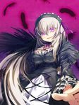  breasts choker dress fakon feathers frills from_below glowing glowing_eyes gothic_lolita grin hairband large_breasts lolita_fashion long_hair looking_down outstretched_hand purple_eyes ribbon rozen_maiden shirt silver_hair smile solo suigintou taut_clothes taut_shirt very_long_hair wings 