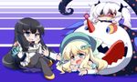  bare_shoulders black_hair blonde_hair blue_eyes breasts charlotte_(madoka_magica) cleavage crossed_legs dress eyepatch green_eyes grin hair_ornament hairclip hat ikaruga_(senran_kagura) long_hair mahou_shoujo_madoka_magica medium_breasts multiple_girls oborotsuki_kakeru open_mouth pantyhose red_eyes school_uniform senran_kagura senran_kagura_shoujo-tachi_no_shin'ei sitting smile snake tongue trembling twintails vore white_hair yagyuu_(senran_kagura) yomi_(senran_kagura) 