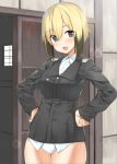  1girl bangs black_hair blonde_hair blue_eyes blush body_mahattaya_ginga commentary_request erica_hartmann eyebrows_visible_through_hair hands_on_hips long_sleeves looking_at_viewer military military_uniform multicolored_hair no_pants open_mouth panties short_hair smile solo standing strike_witches two-tone_hair underwear uniform white_panties wide_hips world_witches_series 