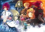  4boys anise_tatlin aqua_eyes asch belt blonde_hair blue_eyes brown_eyes brown_hair choker coat crystal doll flower glasses green_eyes guy_cecil hairband hands_clasped highres jade_curtiss kagemoto_yuki long_hair luke_fon_fabre midriff mieu multiple_boys multiple_girls natalia_luzu_kimlasca_lanvaldear own_hands_together pants red_eyes red_hair serious smile surcoat tales_of_(series) tales_of_the_abyss tear_grants tokunaga twintails 