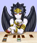  1girl armband bare_shoulders black_hair black_wings body_blush bracelet bust card cards chin_rest duel_monster emblem fabled_grimro feathers female fingernails green_eyes hair_ornament hands holding holding_card jewelry long_fingernails long_hair long_image looking_at_viewer monster_(yugioh) monster_girl multicolored_eyes nail_polish necklace pale_skin pataniito pataryouto playing_card playing_games pointy_ears pov purple_background red_nails red_sclera ring shadow shiny shiny_skin simple_background smile solo table tall_image tiara updo upper_body wings yu-gi-oh! yuu-gi-ou_(card) yuu-gi-ou_duel_monsters 