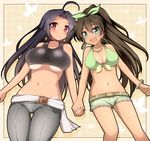  ahoge belt bow bracelet breasts brown_hair cleavage earrings fang ganaha_hibiki green_eyes hair_bow holding_hands idolmaster idolmaster_(classic) jewelry large_breasts long_hair medium_breasts midriff miura_azusa multiple_girls navel open_mouth ponytail purple_hair red_eyes shorts smile underboob van-s 