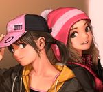  adjusting_clothes adjusting_hat beanie brown_hair camisole collarbone hat hood hooded_jacket jacket light_smile lips long_hair multiple_girls neck original plaid plaid_shirt ponytail portrait rustle shirt smile tomboy 