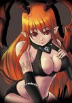  bare_shoulders breasts cleavage demon_girl elbow_gloves frills gloves horns large_breasts long_hair looking_at_viewer lord_of_vermilion midriff orange_hair pointy_ears red_eyes single_wing smile solo succubus succubus_(lord_of_vermilion) tail wings yappy 