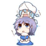  :d :o apron blue_dress blue_eyes blue_hair breasts chibi chibi_on_head cirno dekasudachin dress fang headwear_switch letty_whiterock looking_up medium_breasts multiple_girls o_o on_head open_mouth scarf sitting smile touhou translated v-shaped_eyebrows wings 