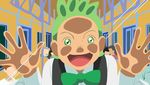  absurdres bow bowtie dent_(pokemon) green_eyes green_hair ground_vehicle haunohane highres male_focus pokemon pokemon_(anime) pokemon_bw_(anime) solo subway train_interior 
