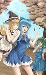  alternate_breast_size alternate_hair_length alternate_hairstyle apron ascot bad_id bad_pixiv_id black_skirt blonde_hair blue_eyes blue_hair blue_skirt blue_sky blush bow cirno daiyousei day frilled_skirt frills grabbing green_eyes green_hair grin hair_bow hair_ribbon hand_on_own_face hat kirisame_marisa long_hair medium_skirt mochi.f multiple_girls older one_eye_closed open_mouth ribbon shirt side_ponytail skirt skirt_set sky smile striped striped_skirt touhou tree wings witch_hat yellow_eyes 