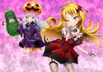  ahoge bat black_hair blonde_hair boots breasts checkered checkered_background cloak cosplay cucumber earrings fangs fingerless_gloves fingernails ganaha_hibiki gloves green_eyes hair_ornament hat heart highres hoshii_miki idolmaster idolmaster_(classic) jack-o'-lantern jewelry large_breasts long_hair multiple_girls my_dear_vampire necklace one_eye_closed pumpkin red_eyes shijou_takane shirihime silver_hair sleeves_past_wrists spider_web_print thighhighs 