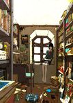  barefoot black_hair book bookshelf cd chair day guitar indoors instrument kawano messy_room original plant potted_plant reading room school_uniform sitting solo window 