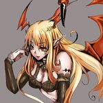  bare_shoulders breasts cleavage demon_girl elbow_gloves gloves hibi_gakeppuchi long_hair lord_of_vermilion midriff open_mouth orange_hair pointy_ears red_eyes simple_background single_wing solo succubus succubus_(lord_of_vermilion) wings 