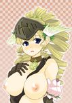  athena_(lord_of_vermilion) bare_shoulders between_breasts blonde_hair blue_eyes blush breasts drill_hair gauntlets hair_ornament highres large_breasts lord_of_vermilion nipples open_mouth solo topless 