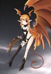  asymmetrical_clothes asymmetrical_clothing bare_shoulders breasts cleavage cloud clouds demon_girl lord_of_vermilion midriff nail_polish navel night orange_hair pointy_ears red_eyes single_wing sky smile solo succubus succubus_(lord_of_vermilion) tail wings wink 