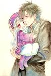  1girl bad_id bad_pixiv_id black_hair carrying child child_carry emiya_kiritsugu fate/zero fate_(series) father_and_daughter hat illyasviel_von_einzbern long_hair norino_moto purple_hat red_eyes short_hair traditional_media watercolor_(medium) white_hair younger 