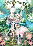  alteil alteil_battle_rpg alternate_costume aqua_hair armor dress fantasy flower gauntlets grass green_eyes hatsune_miku jpeg_artifacts knight layered_skirt long_hair miniskirt miogrobin official_art plant skirt solo sword twintails very_long_hair vines vocaloid weapon white_skirt 