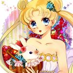  asako_(itiba) bad_id bad_pixiv_id bare_shoulders basket bishoujo_senshi_sailor_moon blonde_hair blue_eyes blue_flower blue_rose blush bunny double_bun dress flower hair_flower hair_ornament long_hair object_namesake princess princess_serenity red_flower red_rose rose smile solo star strapless strapless_dress tsukino_usagi twintails 