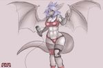  blue_hair breasts clothed clothing dragon fangs female grey_background hair looking)at)viewer looking_at_viewer microphone plain_background sketch skimpy solo standing wings wyntersun yaita 