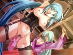  2girls aqua_hair bdsm blush bondage bound breasts censored cleavage dildo elbow_gloves erect_nipples eyes_closed femdom femsub gash gloves hair_over_one_eye long_hair lowres multiple_girls nipples open_mouth pubic_hair pussy space_trouble thighhighs whip whip_marks whipping yuri 