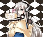  aoi_toori apron argyle argyle_background bodysuit cake food grey_eyes horizon_ariadust kyoukaisenjou_no_horizon long_hair negau_(wish-memory) silver_hair solo 