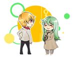  androgynous blonde_hair casual chibi enkidu_(fate/strange_fake) fate/stay_night fate/strange_fake fate_(series) gilgamesh green_hair kotemari_noboru leash long_hair lowres male_focus multiple_boys red_eyes 