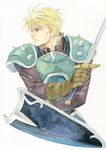  agahari armor blonde_hair fire_emblem fire_emblem:_rekka_no_ken harken_(fire_emblem) male_focus pauldrons shield solo sword traditional_media weapon 