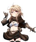 :q ahoge belt belt_pouch blonde_hair blush brown_skirt earrings gloves jewelry key knife long_hair looking_at_viewer miniskirt navel necklace pointy_ears pouch purple_eyes sicx_lives sidelocks simple_background skirt solo tongue tongue_out wk_(low-f) 