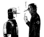  bad_id bad_pixiv_id chris_fehn dorohedoro fujita_(dorohedoro) greyscale hat male_focus mask monochrome multiple_boys ryuuichirou_(haineken) slipknot trait_connection translated 