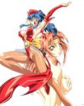  90s :d arm_behind_head arm_ribbon armor armpits arms_up back back_bow bangs blue_eyes blue_hair blush bow breasts bridal_gauntlets brown_legwear choujin_gakuen_gowcaizer circlet cleavage covered_nipples covering covering_breasts earrings fang floating_hair gem hair_between_eyes hair_ornament high_ponytail highleg highleg_leotard highres hishizaki_shaia_(gowcaizer) jewelry jumping large_breasts legs leotard lips lipstick long_hair long_legs looking_at_viewer looking_back magical_girl makeup miniskirt multiple_girls nail_polish no_bra nude official_art oobari_masami open_mouth orange_eyes orange_hair pantyhose parted_bangs pauldrons ponytail profile red_leotard ribbon sash scan see-through shiny shiny_clothes sideboob sidelocks signature simple_background skirt slender_waist smile son_karin spread_legs torn_clothes underboob white_background yellow_bow 