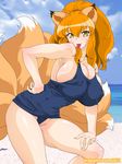  :p animal_ears brabustersystem breasts cleavage erect_nipples facial_mark facial_markings fox_ears fox_tail hands_on_hips huge_breasts kitsune magutan multiple_tails one-piece_swimsuit orange_hair original swimsuit tail thighs tongue tongue_out yellow_eyes 