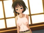  1girl annoyed bedroom bellybutton belt blue_eyes blush breasts brown_hair cleavage dark_skin dark_skinned embarrassed game_cg indoors koi_to_mizugi_to_taiyo_to large_breasts naked navel nipples no_bra nude open_mouth pose pov room short_hair shorts solo sunlight sunshine tan tanline tired topless window 