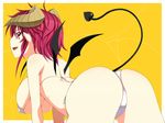  all_fours ass bad_id bad_pixiv_id bikini breasts demon_girl demon_tail demon_wings fang highres horns huge_breasts kamata_yuuya looking_back original pink_eyes pink_hair pointy_ears short_hair smile solo swimsuit tail wings yellow_background 