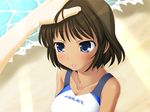  1girl beach bellybutton bikini blue_eyes blush breasts brown_hair cleavage dark_skin dark_skinned game_cg hand_on_head koi_to_mizugi_to_taiyo_to large_breasts male_hand navel ocean one-piece_swimsuit one_piece_swimsuit open_mouth outdoors pov sand shore short_hair smile sunlight sunshine swimsuit tan tanline water waves white_bikini white_swimsuit 