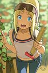  :d ana_coppola bare_shoulders blonde_hair blue_eyes covered_nipples denim go_robots ichigo_mashimaro jeans leaning_forward long_hair looking_at_viewer midriff open_mouth pants ponytail smile solo spaghetti_strap sunglasses teeth water water_gun 