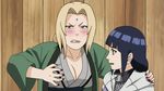  2girls animated animated_gif blonde_hair blue_hair blush breasts brown_eyes cap cleavage facial_mark forehead_mark gif hyuuga_hinata large_breasts long_hair multiple_girls naruto tsunade white_eyes 