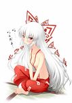  barefoot blush breasts collarbone face feet fujiwara_no_mokou hair_ribbon indian_style inu3 long_hair naked_suspenders nipples pants red_eyes revealing_clothes ribbon sitting small_breasts solo suspenders toes topless touhou v_arms very_long_hair white_hair 