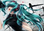  aircraft airplane bomber breasts gloves green_eyes green_hair hatsune_miku headset heart koi_wa_sensou_(vocaloid) long_hair medium_breasts megaphone military military_vehicle necktie solo tears torn_clothes twintails vocaloid yukihomu 