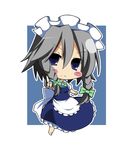  bad_id bad_pixiv_id between_fingers blue_eyes chibi ebiebiebio highres izayoi_sakuya knife maid maid_headdress silver_hair solo touhou 