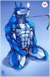  abs anthro biceps big_muscles blue_body blue_fur blush bo-gilliam body_markings bulge canine dog doggy_kruger erection eyes_closed fur male mammal markings muscles pecs penis plain_background power_rangers_spd secretly_loves_it solo 