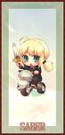  ahoge arm_up artoria_pendragon_(all) blonde_hair blush business_suit chibi child fate/zero fate_(series) formal frame green_eyes ground_vehicle hair_ribbon highres open_mouth ponytail ribbon saber sankuma solo suit sword tricycle weapon 