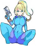  1girl blonde_hair blue_bodysuit blue_eyes bodysuit breasts closed_mouth covered_navel enpe eyebrows_visible_through_hair eyes_visible_through_hair finger_on_trigger gun hair_between_eyes hand_up handgun highres holding holding_gun holding_weapon large_breasts long_hair looking_at_viewer metroid mole mole_under_mouth nintendo ponytail samus_aran simple_background smile solo weapon white_background zero_suit 