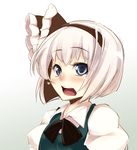  blue_eyes blush dress face green_dress hair_ribbon konpaku_youmu open_mouth ribbon shirt short_hair silver_hair soine solo touhou 