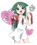  1girl blue_eyes blush censored dress green_hair guro happy hard_translated heart heart_(organ) holding incoming_gift long_hair looking_at_viewer open_mouth ovaries saya saya_no_uta simple_background sleeveless smile solo standing translated uterus valentine white_background 