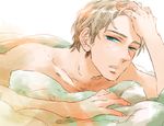  alternate_hairstyle axis_powers_hetalia bad_id bad_pixiv_id bare_shoulders bed blanket blonde_hair blue_eyes close-up fingernails germany_(hetalia) hand_on_own_head kisaragi_manami looking_at_viewer lying male_focus on_stomach open_mouth shirtless simple_background solo squinting sunlight under_covers white_background 