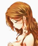  breast_hold breasts brown_hair closed_eyes hairu long_hair medium_breasts original simple_background solo topless white_background 