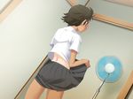  1girl bedroom blue_eyes blush brown_hair closed_mouth dark_skin dark_skinned fan game_cg indoors koi_to_mizugi_to_taiyo_to pov room shirt short_hair skirt skirt_lift solo tan tanline tshirt white_shirt wind 