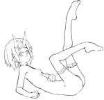  1girl breasts female from_side full_body horns kimura_akiyoshi legs_up looking_at_viewer monochrome nude original pointy_ears short_hair simple_background small_breasts socks solo tagme white_background 