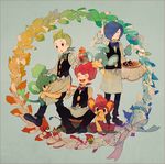  3boys bad_id bad_pixiv_id bow bowtie brothers cookie corn_(pokemon) cottonee cup dent_(pokemon) eating food foongus gen_5_pokemon gym_leader male_focus multiple_boys panpour pansage pansear pod_(pokemon) pokemon pokemon_(creature) pokemon_(game) pokemon_bw ribbon sewaddle siblings tea teacup tray waiter 