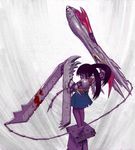  4n barefoot black_hair blade blood child from_behind green_eyes huge_weapon loli long_hair looking_at_viewer looking_back monster_girl mutant purple_skin serious skirt solo stain standing torn_clothes twintails weapon 