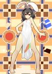  animal_ears apron barefoot black_hair breasts bunny_ears inaba_tewi mossari_poteto naked_apron red_eyes small_breasts solo touhou 