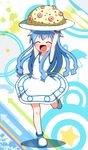  blue_hair bucchake_(asami) closed_eyes dress food fried_rice hat ikamusume long_hair plate shinryaku!_ikamusume shrimp solo tentacle_hair 